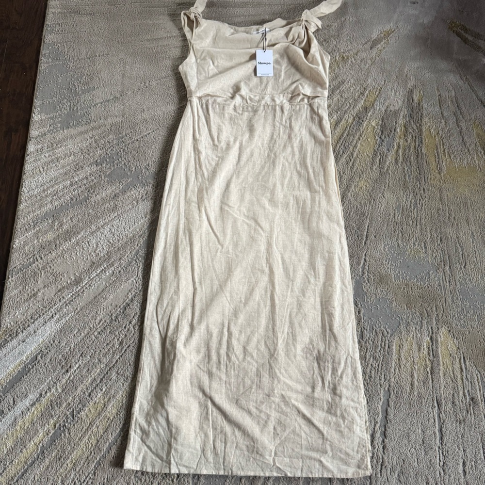 SHOWPO Cincinnati maxi beige Dress off shoulder cotton linen slit classy 10 new - Picture 2 of 15